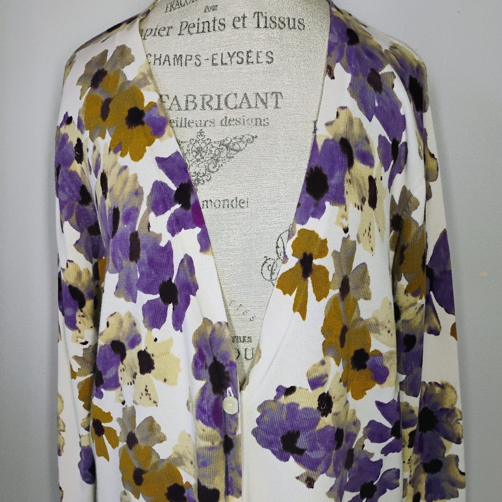 Coldwater Creek Floral Cardigan White Purple Plus 2X Spring Casual Contemporary - Picture 2 of 10